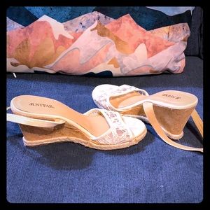 Lace strap cork wedges